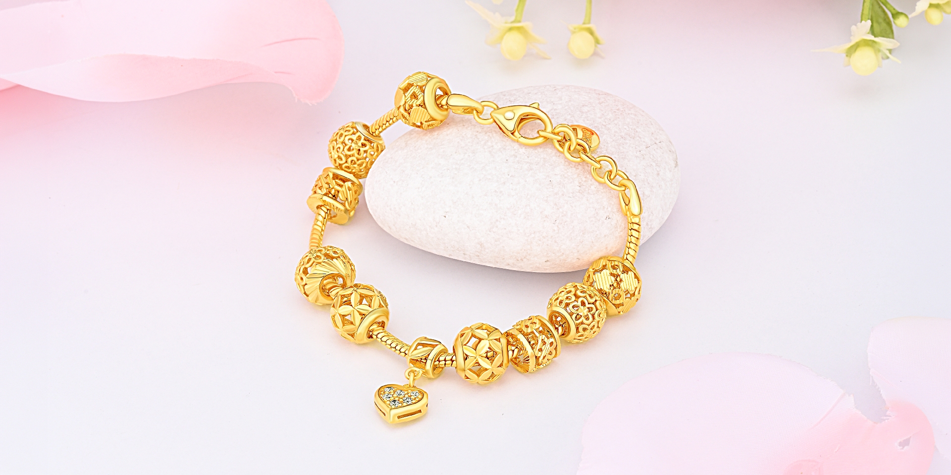 heart bracelet with flower charms